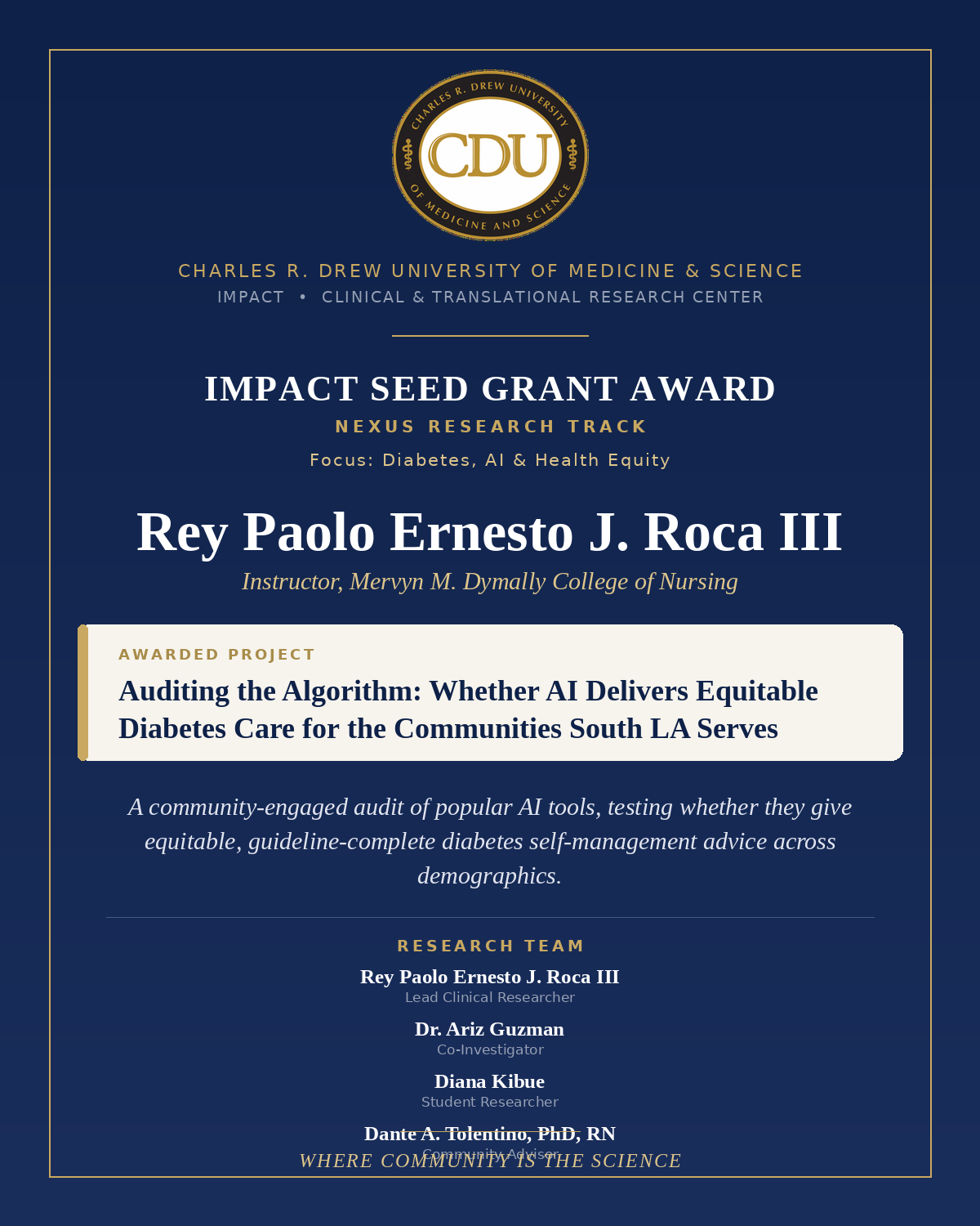 IMPACT Seed Grant (NEXUS research track) announcement for Rey Paolo Ernesto J. Roca III
