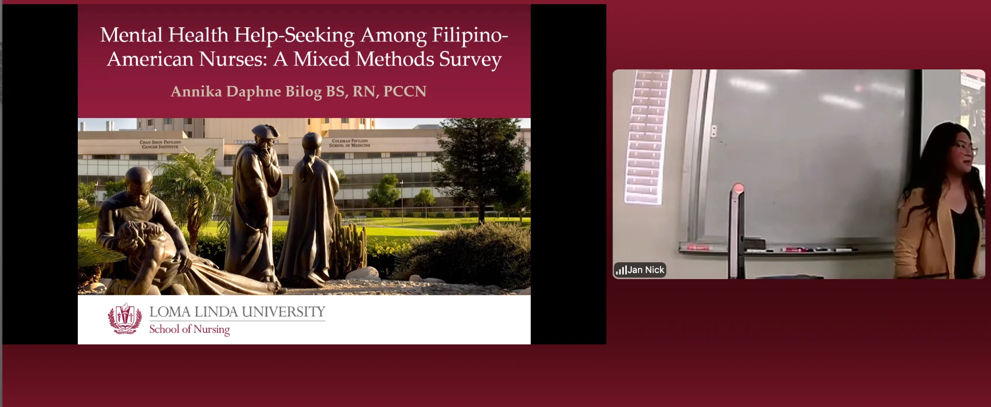 Title slide from Dr. Annika Bilog's dissertation defense: Mental Health Help-Seeking Among Filipino-American Nurses, A Mixed Methods Survey